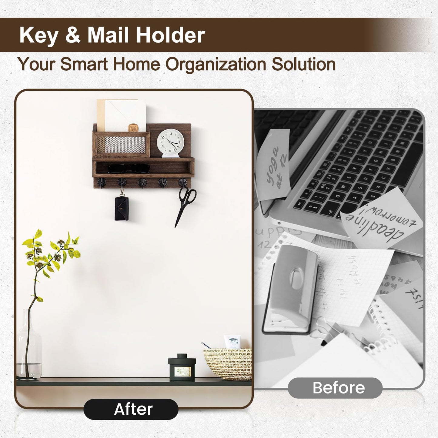 Lucundm Key Holder for Wall, Mail Organizer Wall Mount with Storage Compartment and 5 key Hooks for Coat, Dog Leash, Stylish Mesh Mail Holder, Home Decor Entry Way Organizer