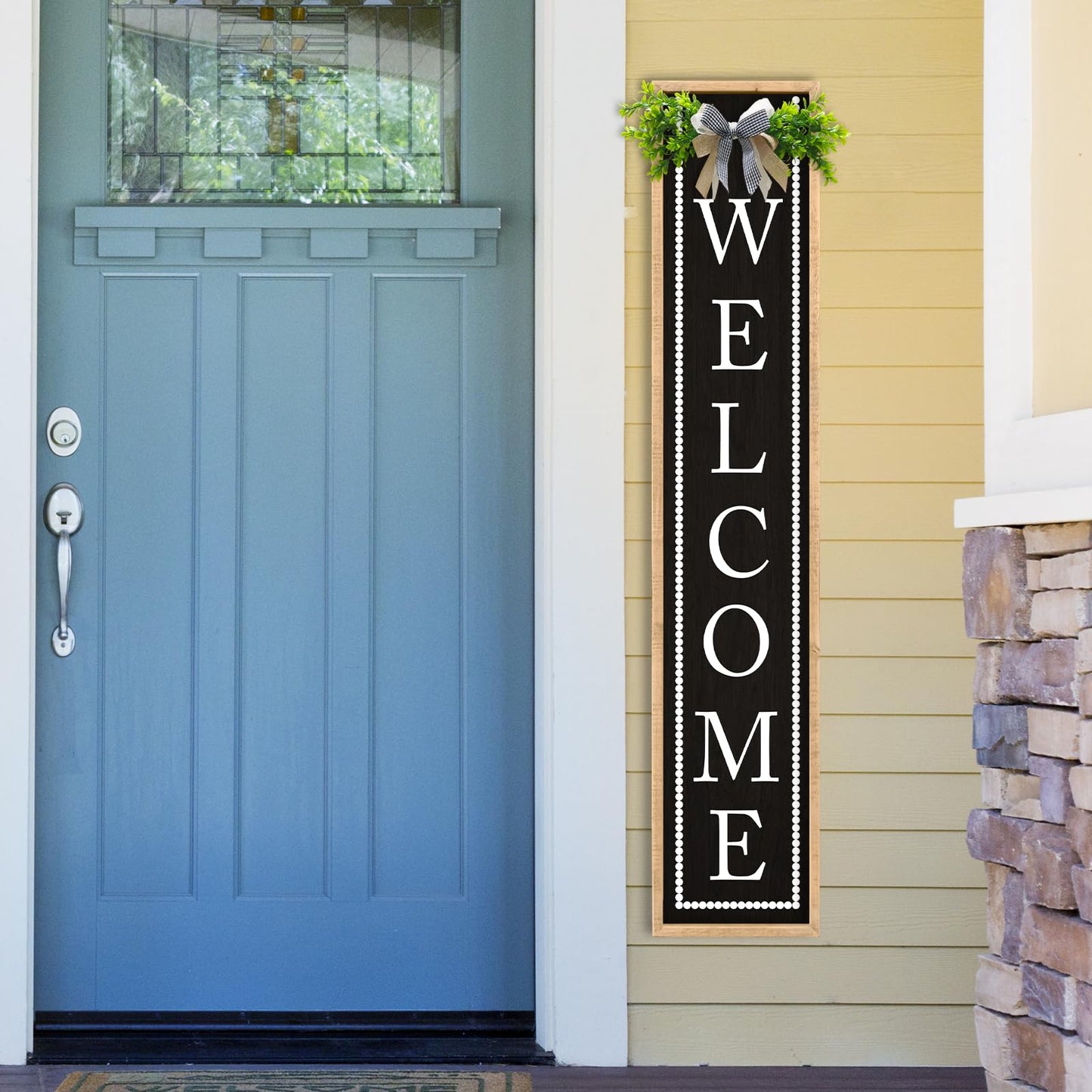Aurapeak Welcome Sign for Front Porch Door Standing, Outdoor Large Wooden Home Rustic Farmhouse Yard Vertical Hanging Modern Entryway Plaques Outside Decorations (45"X9" Wood Black)