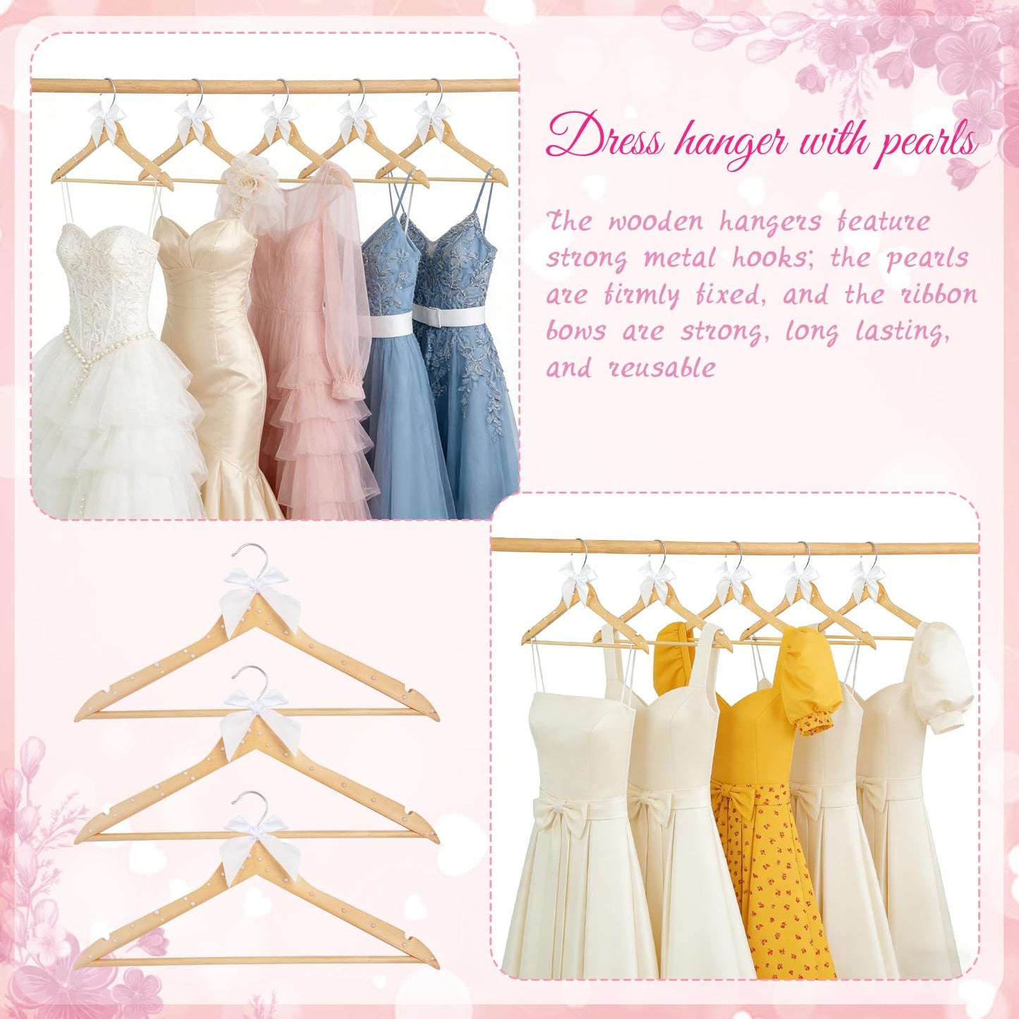 PEDOBALI 12 Pcs Bridesmaid Hangers Wooden Dress Wood Color Elegant Ribbon Pearl Hanger for Bride Groom Bridal Shower Wedding Photo Keepsake Tuxedo Party Gift