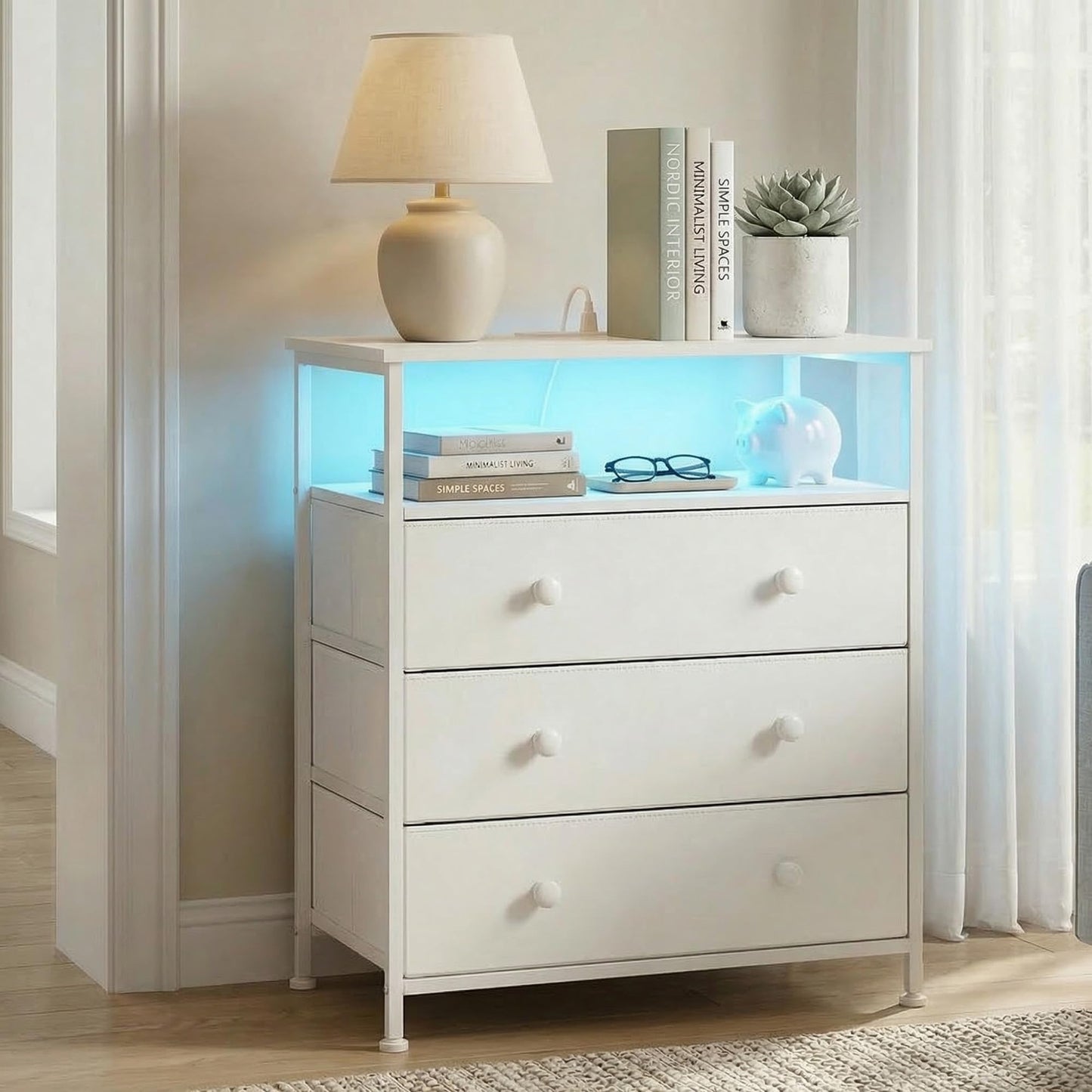 PATAVOT 3-Drawer LED Nightstand with Charging Station, White.