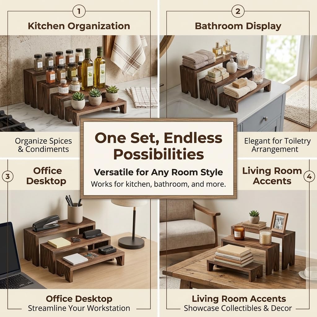 FUSHITON 8Pcs Wooden Display Risers Set, Solid Wood Tiered Stand for Perfumes, Jewellery, Collectibles, Cosmetics, Cupcakes and Party Food Display