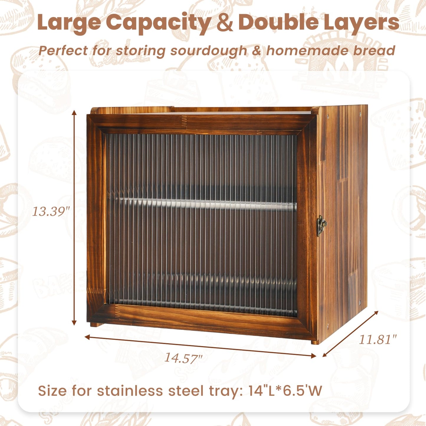 Keeswin 2-Layer Wooden Bread Box for Kitchen Countertop with Removable Tray