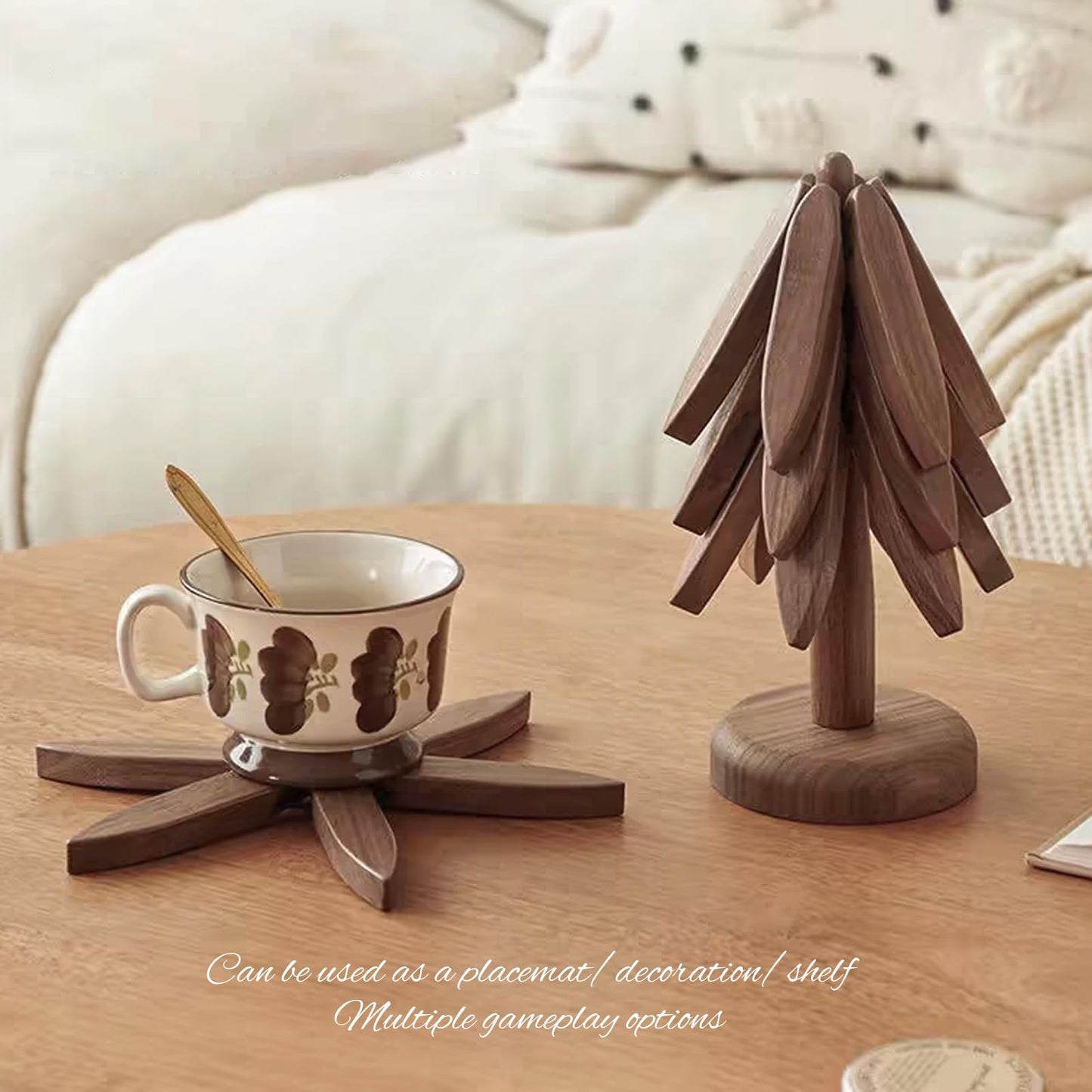Trivets for Hot Dishes, 4Artful Foldable Wooden Hot Pads for Kitchen, Stored as a Decorative Christmas Tree for Dishes, Pans, Teapots | Creative Kitchen Gift in Walnut Wood