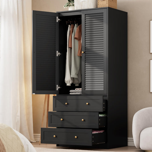 Garvee 70" Wardrobe Armoire Wooden Closet with 2 Doors and 3 Drawers, Bedroom Armoire with Hanging Rod Shelf, Large Capacity Storage Wardrobe Armoire, Freestanding Wooden Closet Storage Cabinet