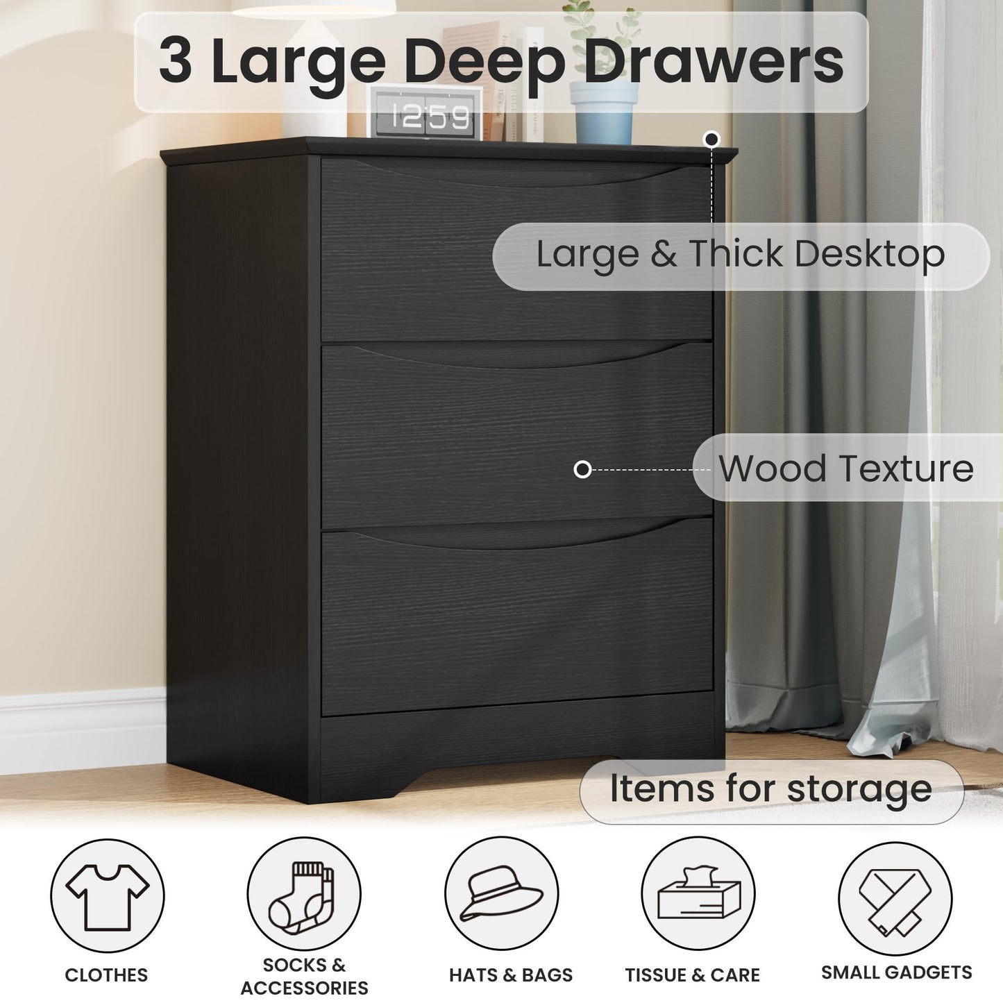 GarveeHome Wooden Dresser with 3 Drawers, Tall Modern Closet with Deep Storage, Large Chest of Drawers with Wide Top, Long Storage Dresser for Bedroom, Living Room, Hallway, Kids Room, Black