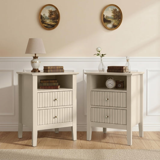 May in Color Beige Fluted Nightstand with 2 Drawers Set of 2, Modern Wooden Sofa Table with Storage for Small Spaces, Tall End Table for Bedroom,Living Room