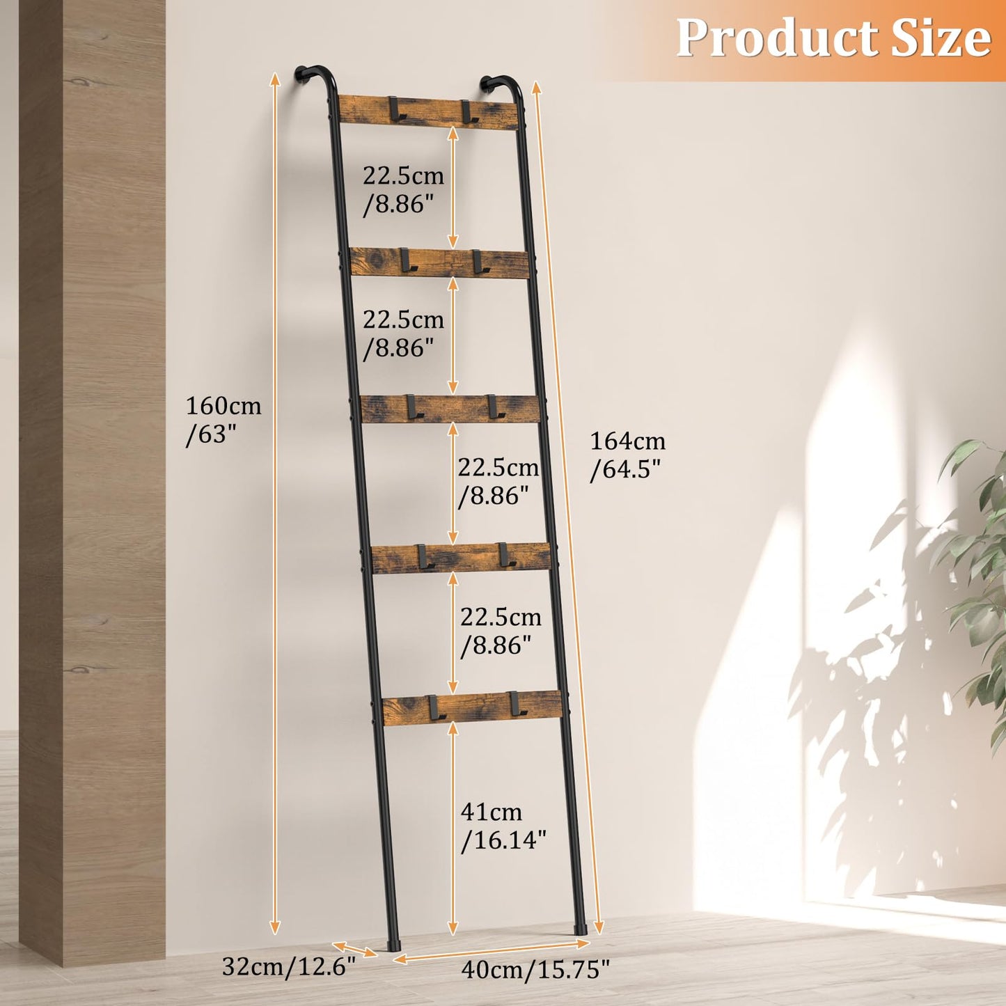 NOMISPADVIC Blanket Ladder for Living Room Towel Ladder for Bathroom Decorative Quilt Rack for Home Decor 5-Tier Throw Blanket Holder with 10 Hooks, Rustic Brown and Black