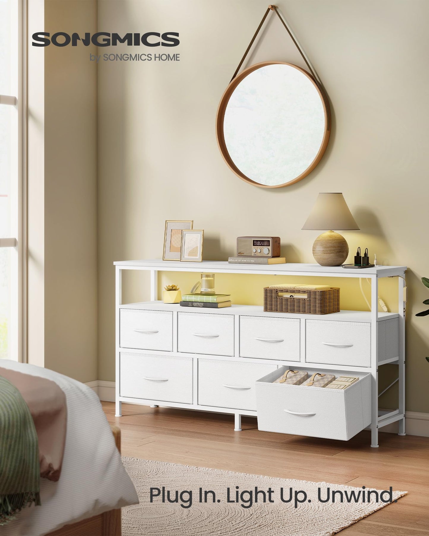 SONGMICS BELLAH Collection - Dresser for Bedroom with App-Controlled LED Lights and Charging Station, Chest of Drawers, TV Stand, 7 Drawers, Shelf, Modern, Cloud White ULGS733WH05S