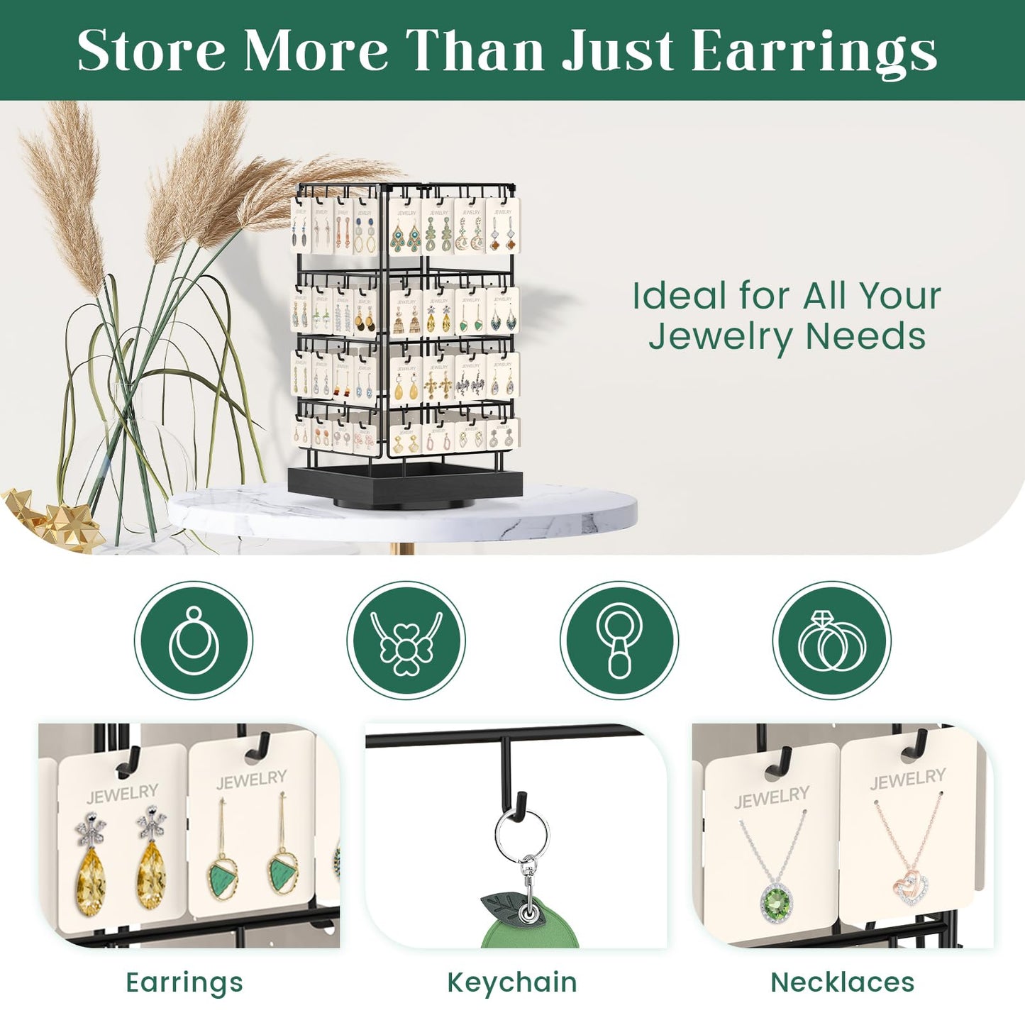 EsLuker.ly Rotating Earring Display Holder Stand for Vendors Events Selling, Large Capacity 64 Hooks Jewelry Rack with Wooden Base for Earring Card Sales, Enhances Retail Visibility