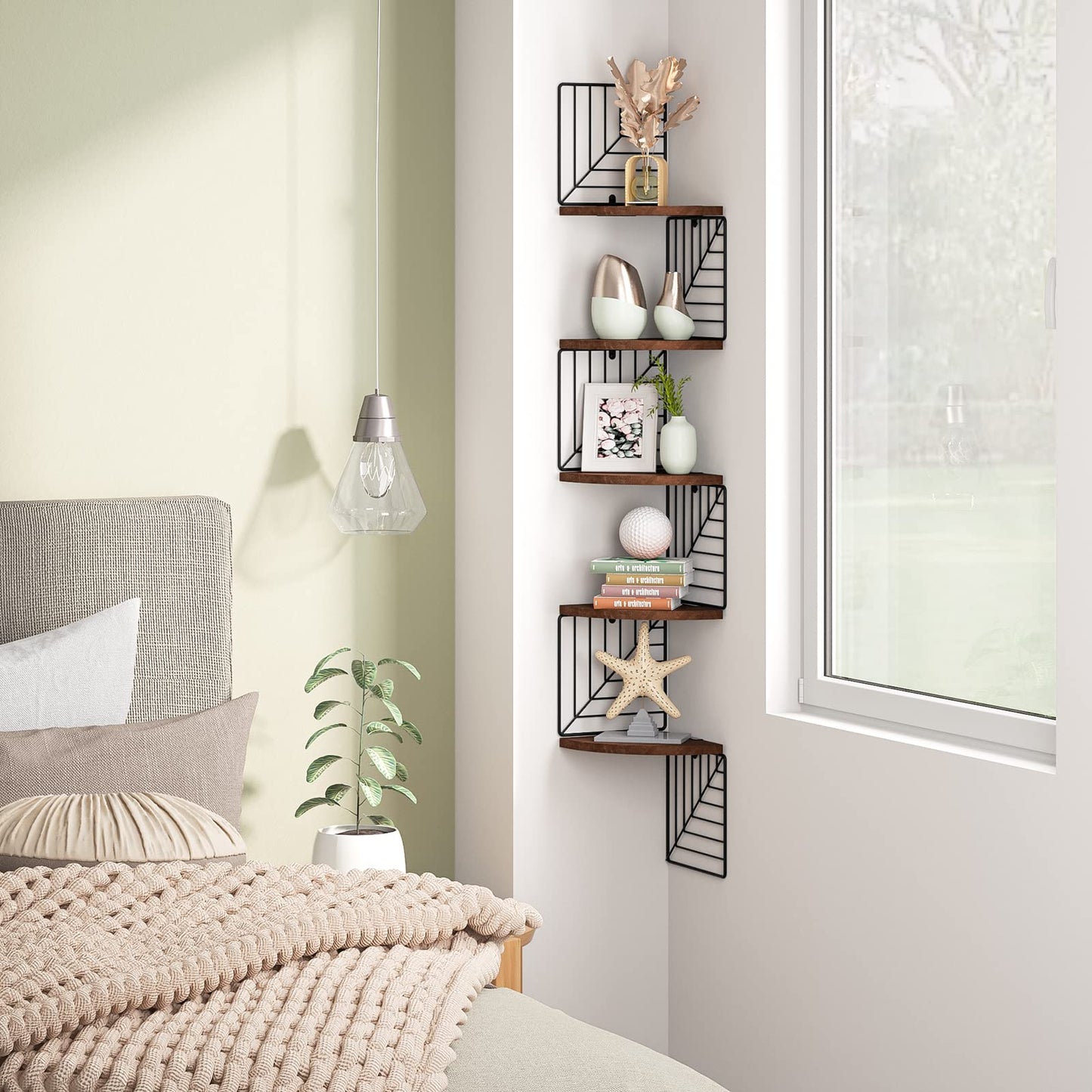 Love-KANKEI Corner Shelf Wall Mount of 5 Tier, Rustic Wood Floating Shelves Wall Shelves for Bedroom Living Room Bathroom Kitchen Office and More Dark Walnut
