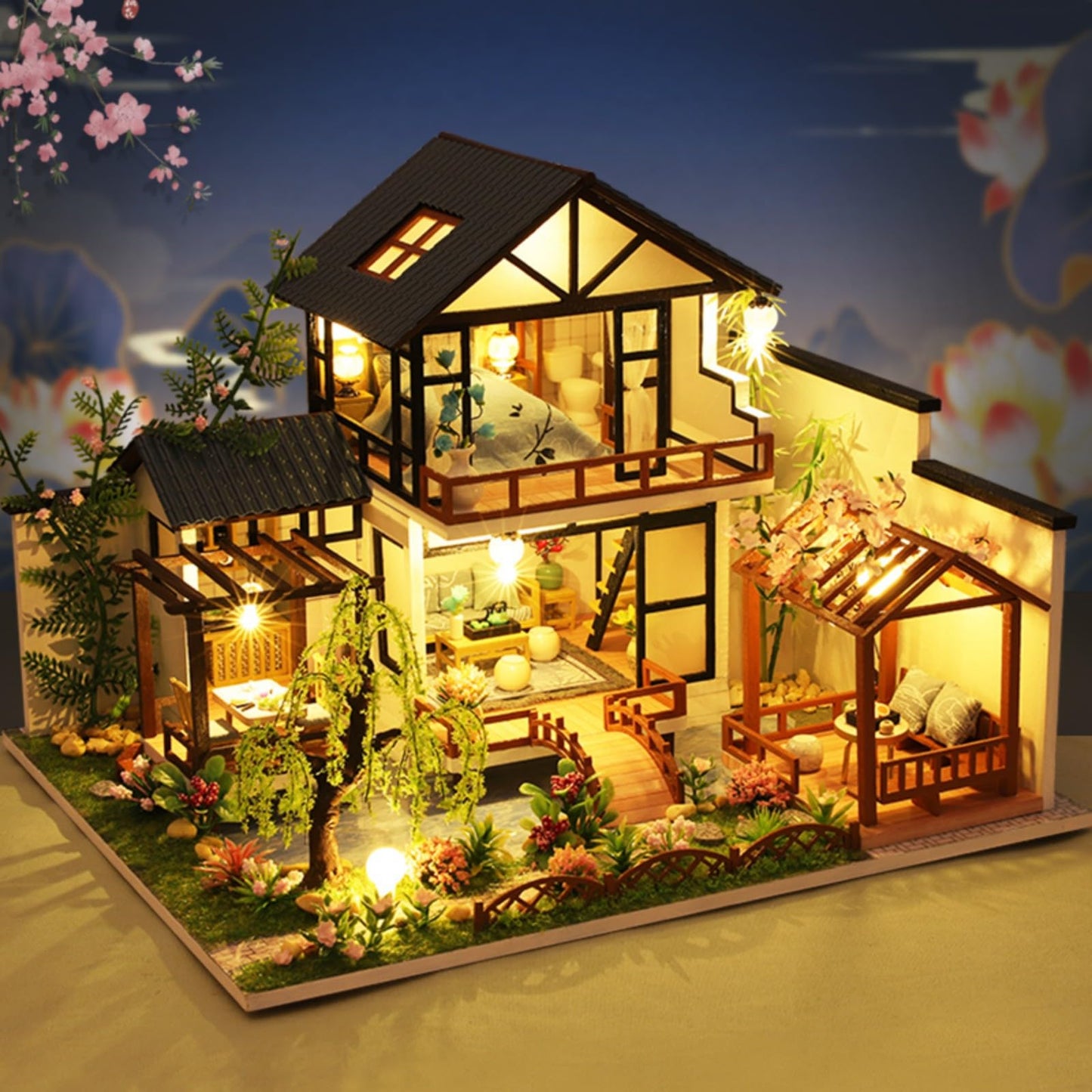 YSWOOD WORLD Miniature House Kit, Miniature Kit, Dollhouse Kit for Adults Teen, Mini House Kit for Birthday Christmas Father's Day, Bamboo Stream Garden
