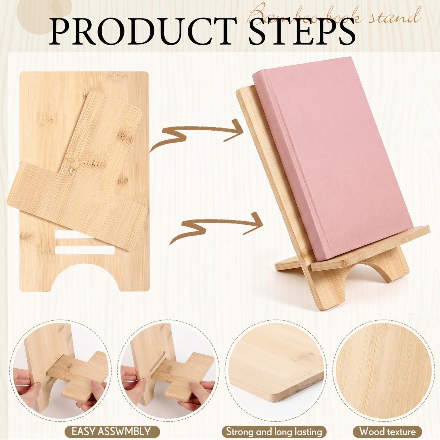 Novabright 6 Pack Adjustable Bamboo Cookbook Stand for Kitchen Counter 8 x 5 Inch Wooden Cookbook Holder for Recipe Book, Tablet, Reading, Desk Magazine Display Rack for Home Office Kitchen