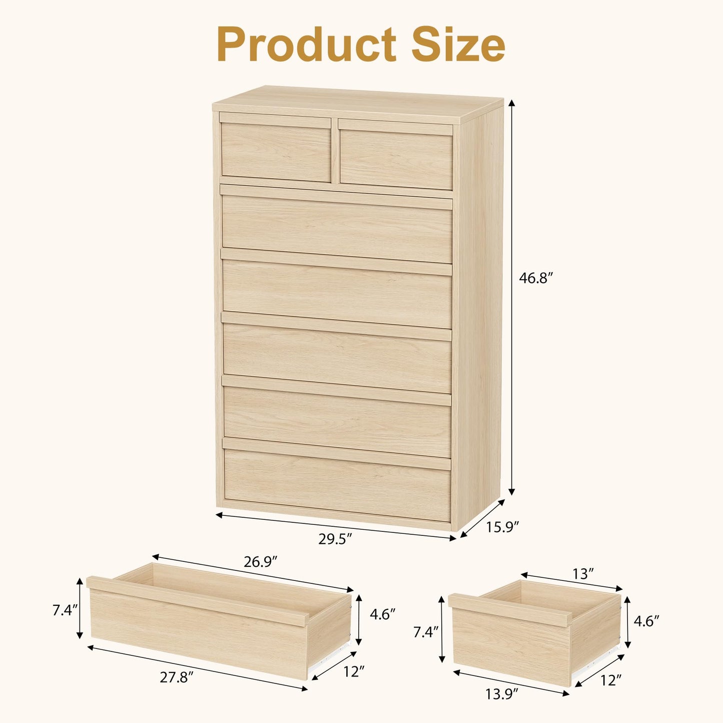Garvee 7 Dresser for Bedroom, 46.8" Tall Dresser, Freestanding Vertical Drawer with Storage, Wooden Closet Chest Storage for Living Room, Hallway, Entryway, Natural Oak