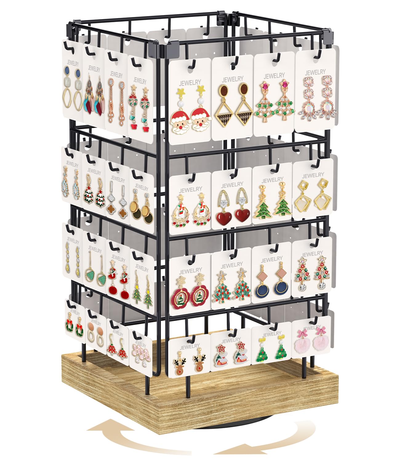 MODOWEY Earring Card Display Stand for Vendors, 64 Hooks Rotating Organizer Tree Holder, 4 Tier Jewelry Rack with Wooden Base for Stud Pierced Earring Selling, Grab Attention to Boost Sales, Oak