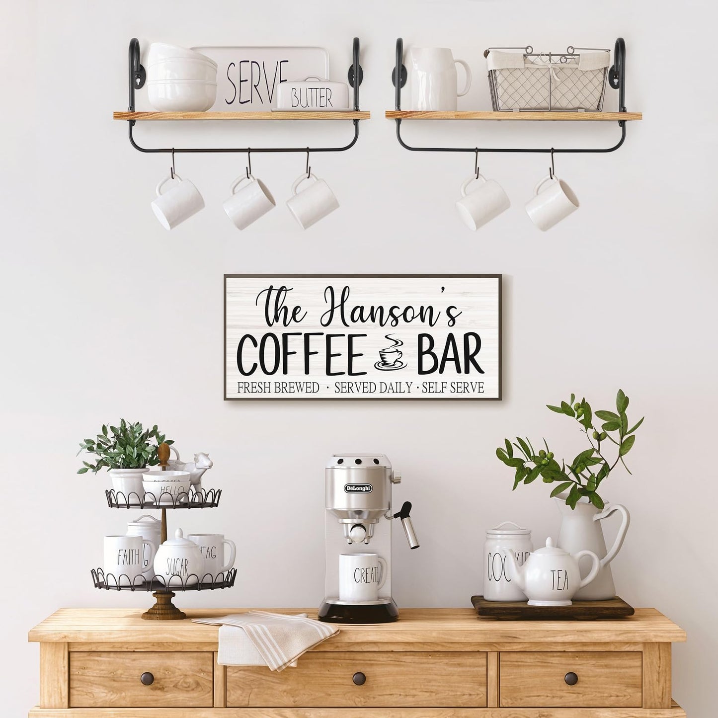 Olakee Floating Wall Shelves for Kitchen Bathroom Coffee Nook with 10 Adjustable Hooks for Coffee Mugs, Coffee Bar Organizer and Decor, Rustic Storage Shelves Set of 2