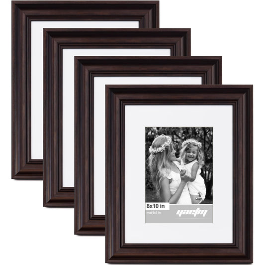 Yaetm 8x10 Picture Frame Matted to 5x7 Set of 4, 1.4” Wide Molding & Dark Brown Photo Frames 8 x 10 with HD Tempered Glass, Display on Tabletop & Wall Mounting (4 pack, Brown)