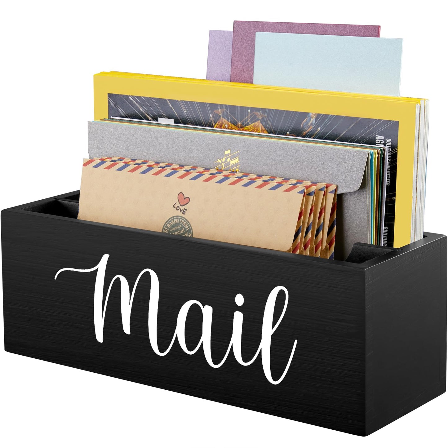 DRASTAR Mail Organizer, Mail Holder with 2 Slots, Mail Basket for Wall Table Countertop, Wood Desk Mail Organizer, Black Envelope Holder for Home Office Decor