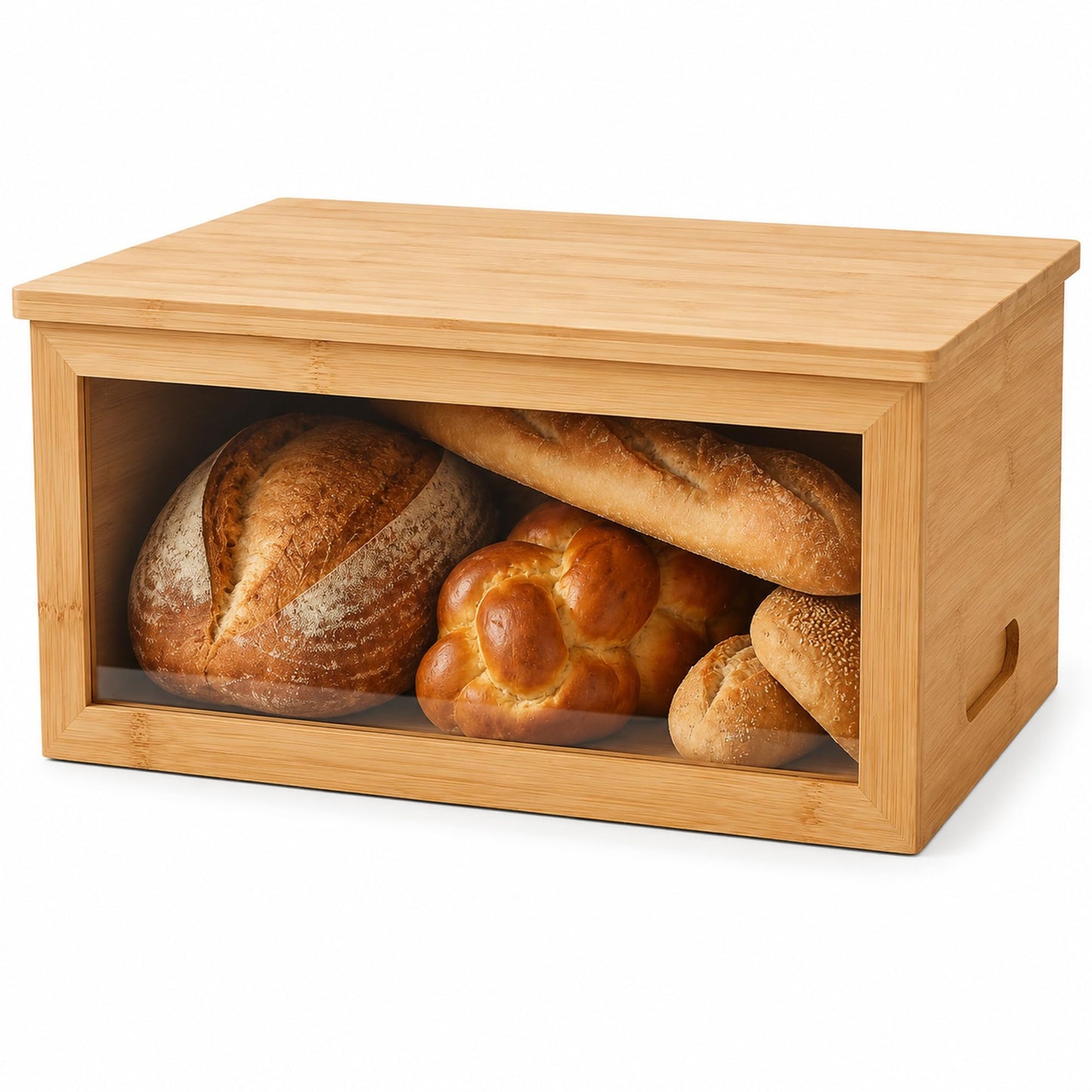 Inspera Bamboo Bread Box with Cutting Board Lid – Large Wooden Kitchen Countertop Storage Bin for Loaves and Pastries – Clear Acrylic Window Display – 15.4 x 9.9 Inch