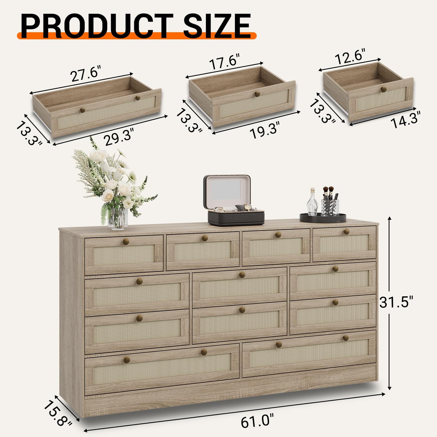 Patikuin 12 Drawer Wood Dressers for Bedroom, Wooden Dressers for Adult Bedroom, Modern TV Stand Dresser for 65 inch TV, 61" Wide Chest of Drawers for Living Room, Closet, Hallway
