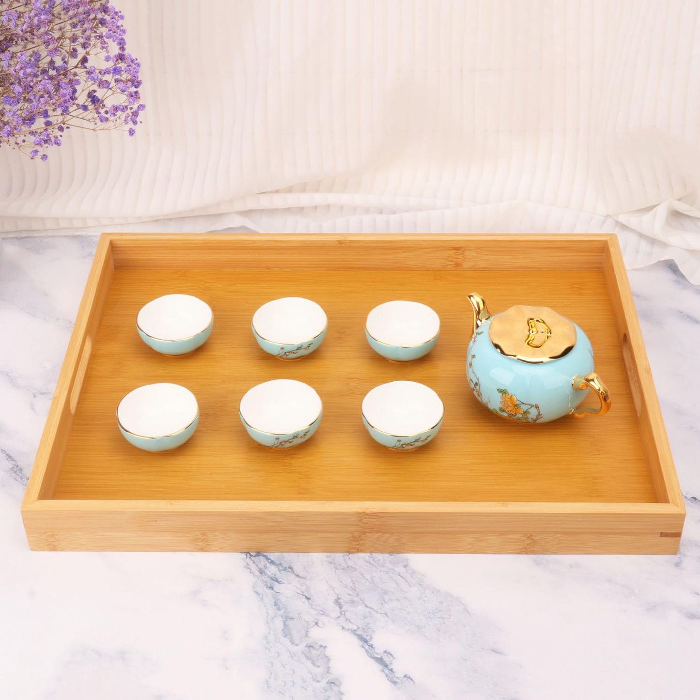 Geytetqi 3 Pack Large Bamboo Serving Tray with Handles - 16 x 11.6 Inch Wooden Dinner Tray, Home Kitchen Decorative Tray, Breakfast Trays for Eating on Couch, Lap Trays, Coffee, Kitchen, Picnic