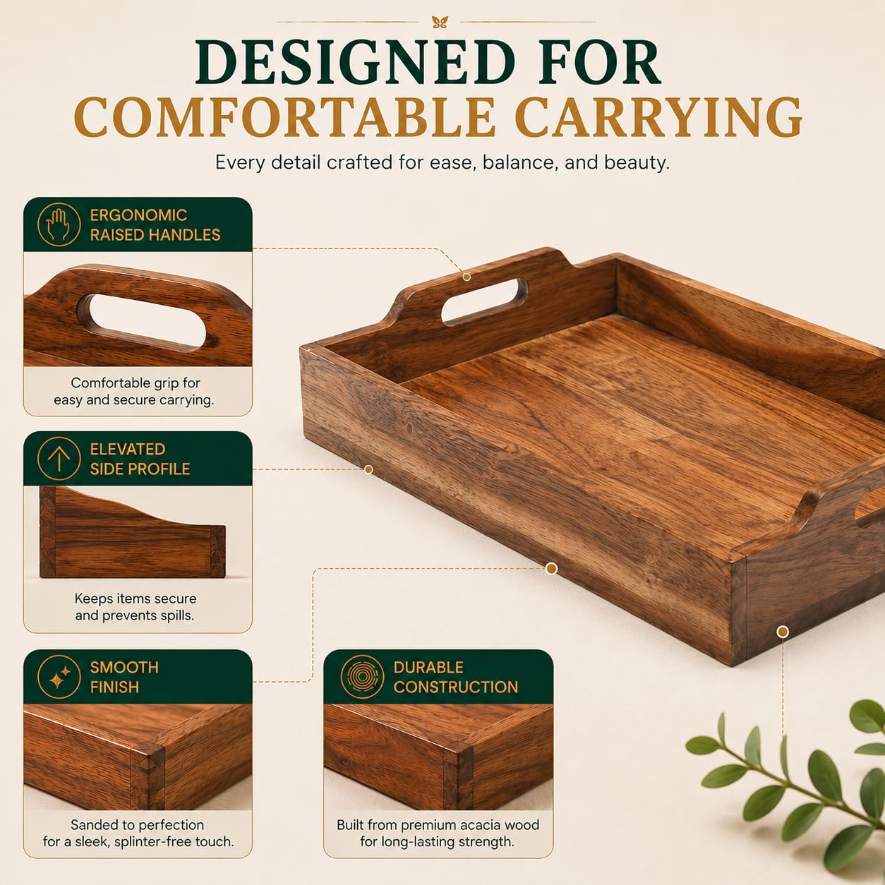 WEBHUSHI Acacia Wood Serving Tray - 16 Inch Brown Wooden Tray with Natural PU Coating for Kitchen and Dining