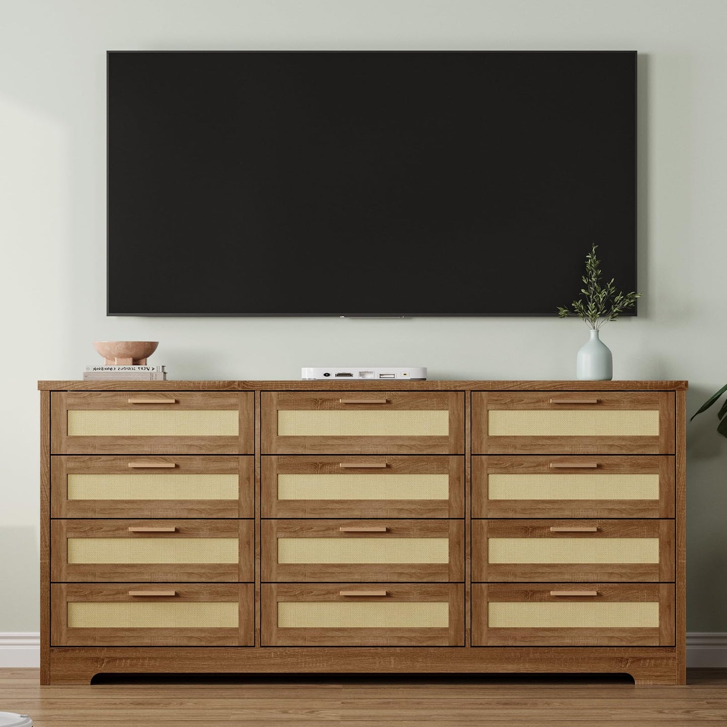 GarveeHome 12 Drawer Dresser for Bedroom, Modern Farmhouse Rattan Chest of Drawers, Wood Dresser for Closet, Living Room, Entryway, and Hallway, Natural