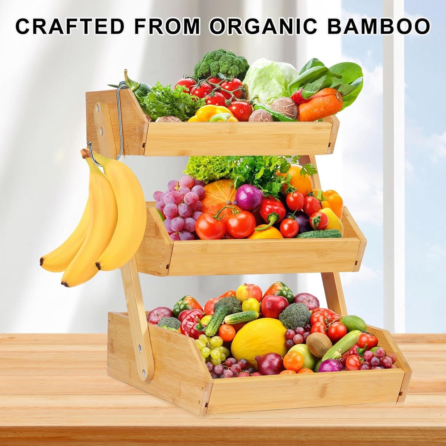NadaKin Bamboo Fruit Basket 3 Tier for Kitchen Counter, Assemble Display Stand for Countertop with 2 Metal Hooks, Large Storage Organizer Produce Holder for Vegetables, Bread, Snacks
