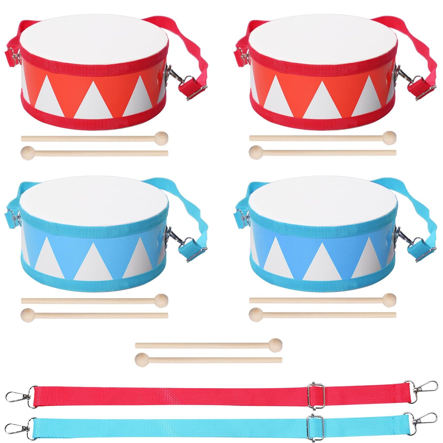 TANEMUDO 4 Pcs Drum Set for Kids 8 Inch Toddler Toy Drum 10 Drumsticks with Adjustable Strap Wooden Drum Educational Musical Instrument Toys Sensory Musical Instrument Drum for Toddler Girls Boys