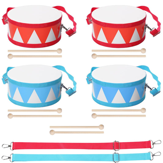 TANEMUDO 4 Pcs Drum Set for Kids 8 Inch Toddler Toy Drum 10 Drumsticks with Adjustable Strap Wooden Drum Educational Musical Instrument Toys Sensory Musical Instrument Drum for Toddler Girls Boys