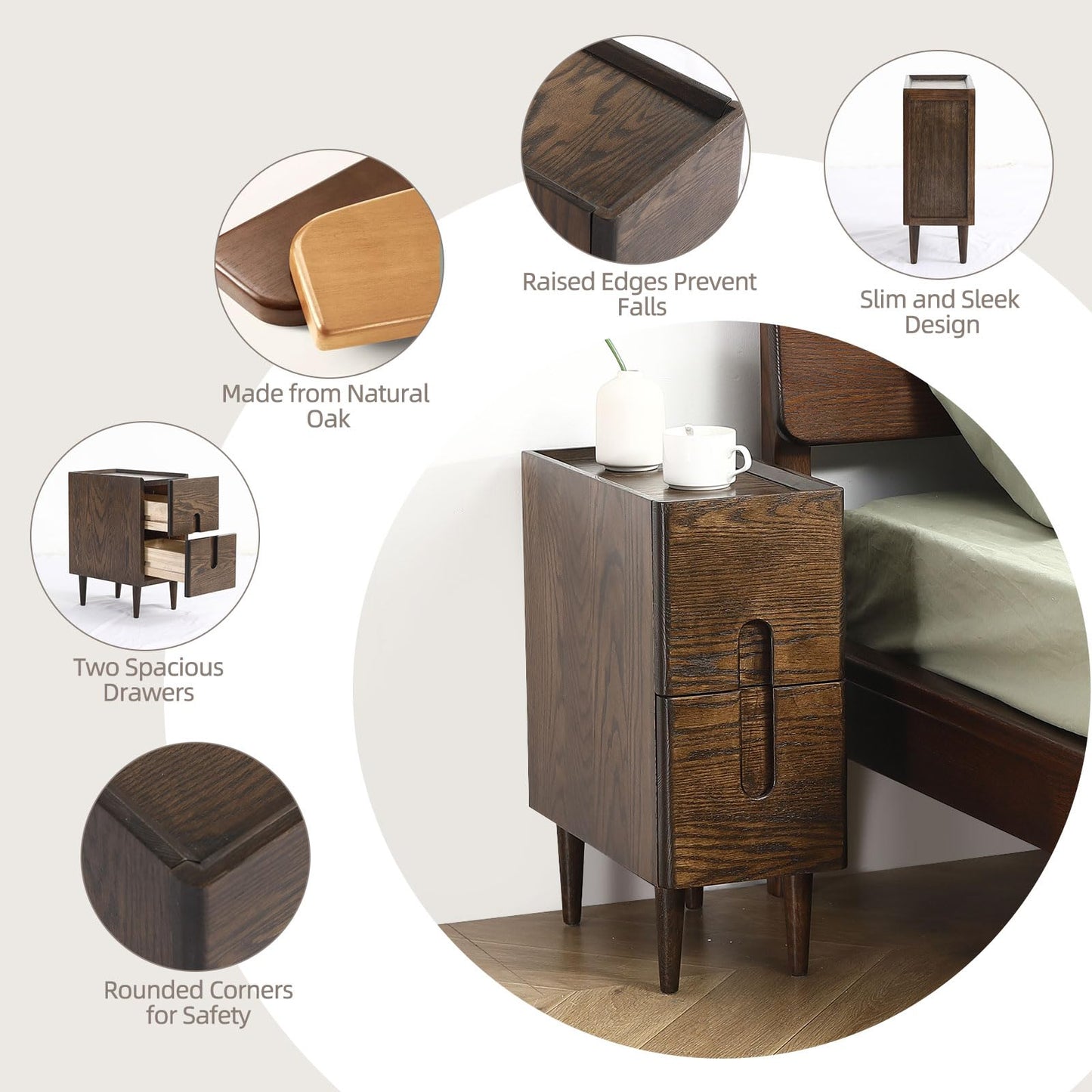 Fetuero Solid Wood Bedside Table Nightstands, Slim Narrow Oak Real Wooden Mid-Century Modern End Table with Drawers Luxury Side Table Durable Cabinet Organizer Furniture, Walnut Color 7.87in Wide