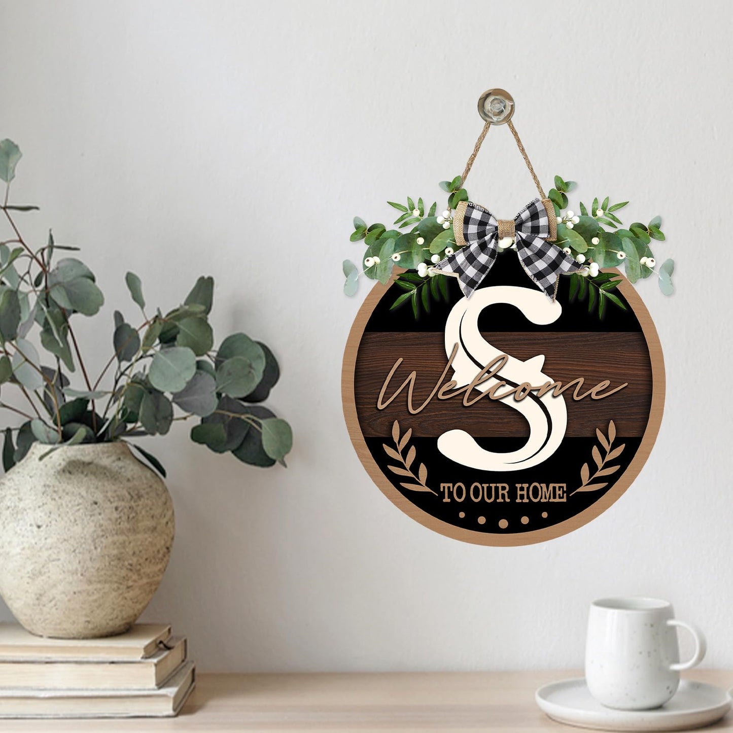 Bolisom Monogram Letter S Front Door Sign, Welcome to Our Home Family Last Name Initial Wooden Hanger Decor Housewarming Wedding Gifts, Farmhouse Rustic Wreath Indoor Wall Hanging Decoration with Bow