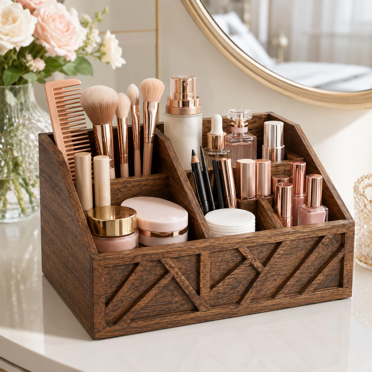 Seerova Living Premium 6 Compartment Wooden Paper Plate and Utensil Organizer – Heavy Duty Silverware & Napkin Caddy for Party, Picnic, BBQ, Kitchen Countertop, Vanity Makeup Storage
