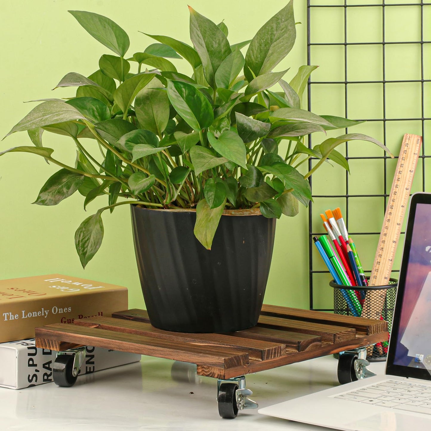 Yiksonyo 12 Inch Wooden Plant Caddy with Wheels, 4 Pack Rolling Plant Stand, Heavy Duty Indoor Outdoor Use, 360° Lockable Casters, Brown, Supports 132 lbs