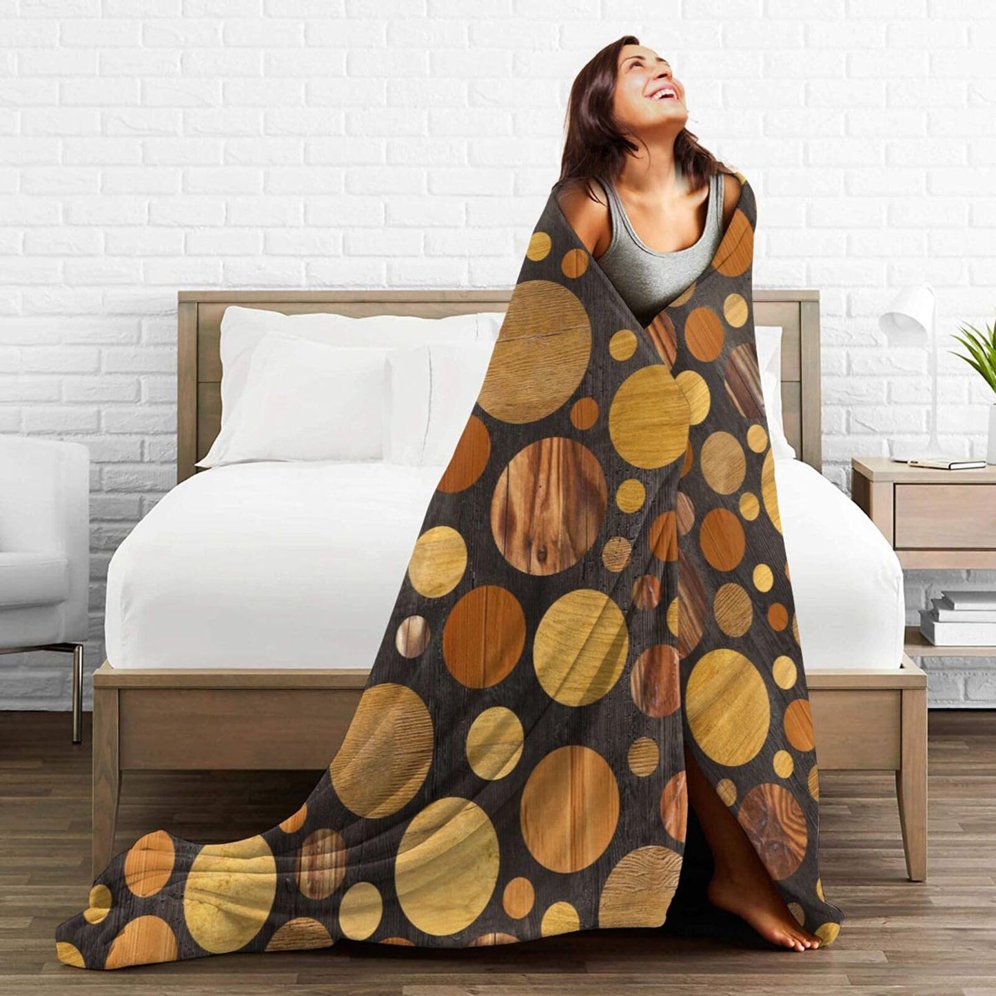 Abstract Circular Pattern Wooden Texture Reversible Flannel Throw Blanket- Ultra Soft Lightweight for Bed, Sofa, Travel & Camping 60"X50" Inch