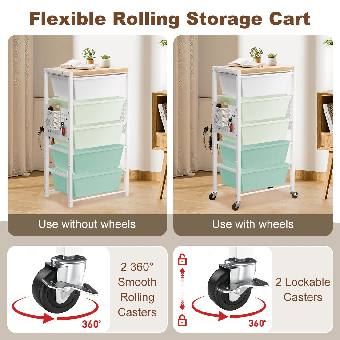 Rolling Cart with Drawers, Rolling Storage Cart with Large Plastic Drawers & Wooden Tabletop, Utility Cart with Pegboards & Basket, Storage Drawers Cart for Living Room, Classroom, Bedroom, Office