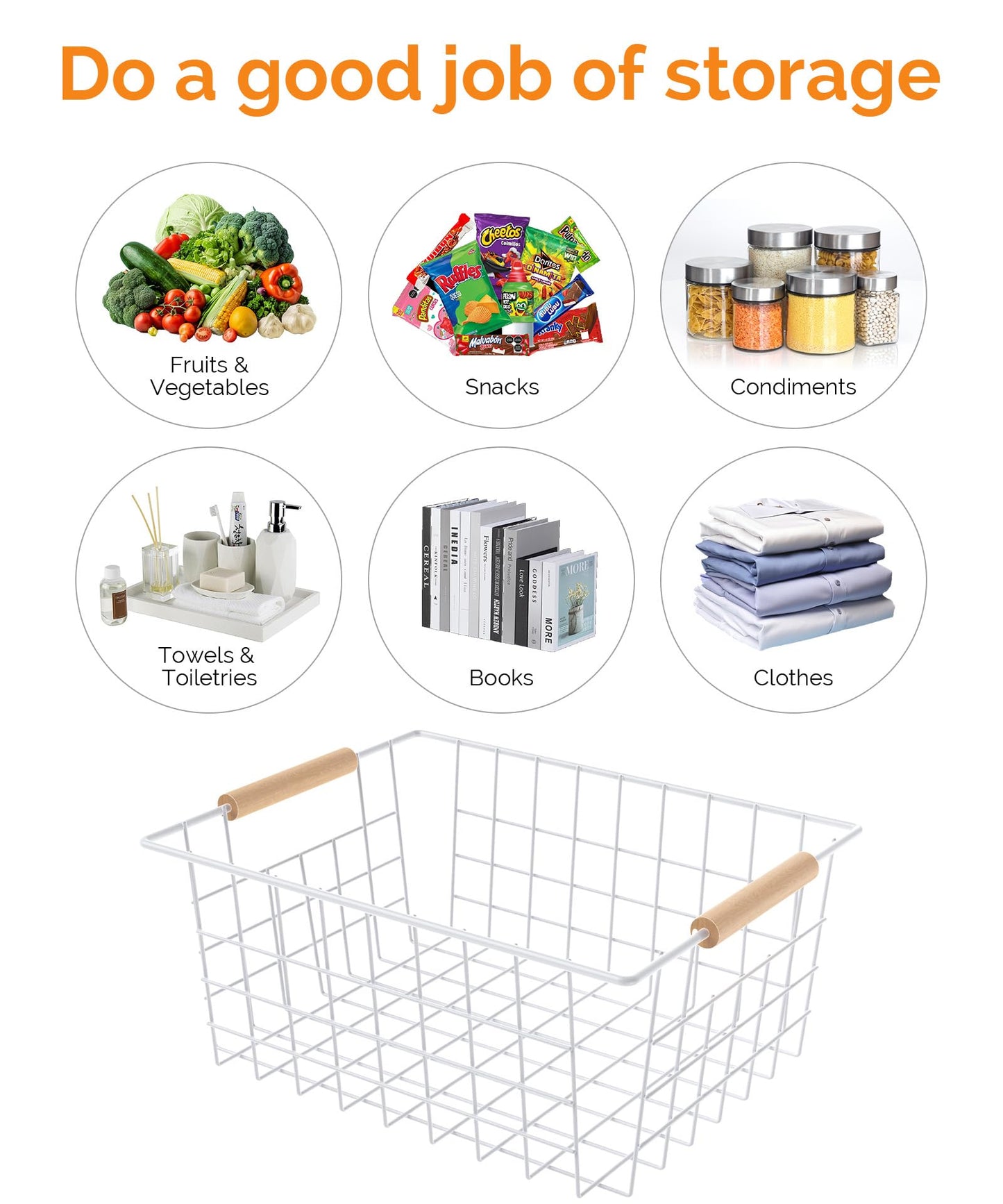 Wire Basket with Wooden Handle, Metal Utility Storage Basket for Organizing Kitchen Pantry Cabinets, Closet and Garage Shelves Drawers, Office Metal Basket Storage Organizer with Handle (White 2 Pack)