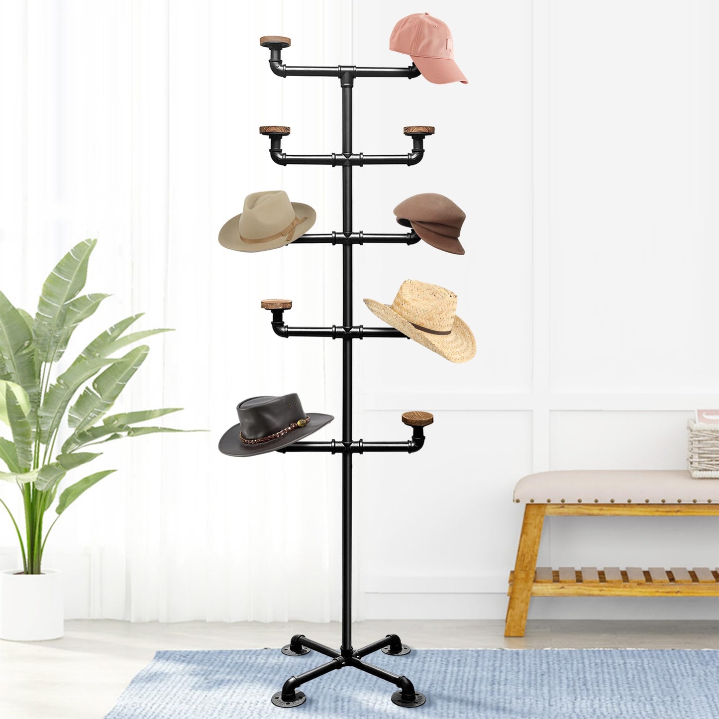 Montex Hat Rack Stand, Metal Hat Display Rack, Standing Hat Rack with 10 Hooks, Pipework Hat Stands for Hanging Hats and Wigs，Black