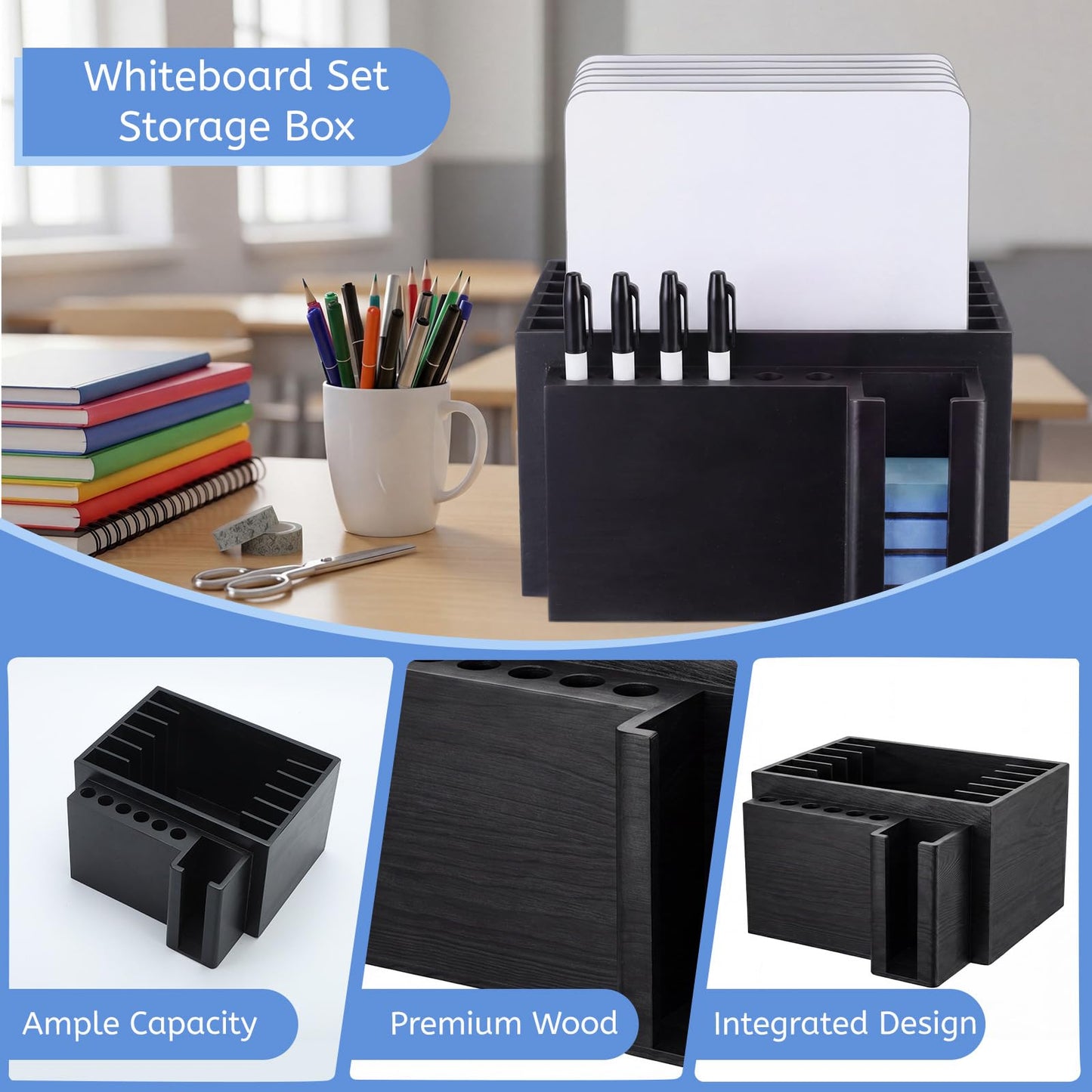 Novabright 10" x 9.75" x 6" Classroom Dry Erase Lapboard Storage Wooden Black Whiteboard Organizer hold up 6 dry erase board 6 Slot Pen 6 Erasers Storage for Desktop School, Office and Home, Classroom