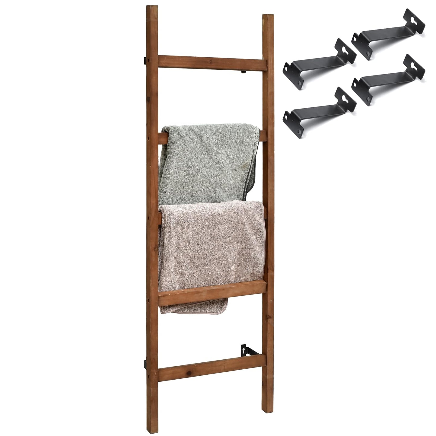 FUIN Wall Mounted 57in Wooden Blanket Ladder Living Room Decorative Farmhouse Quilt Display Holder Rustic Wood Towel Rack for Bathroom, Brown