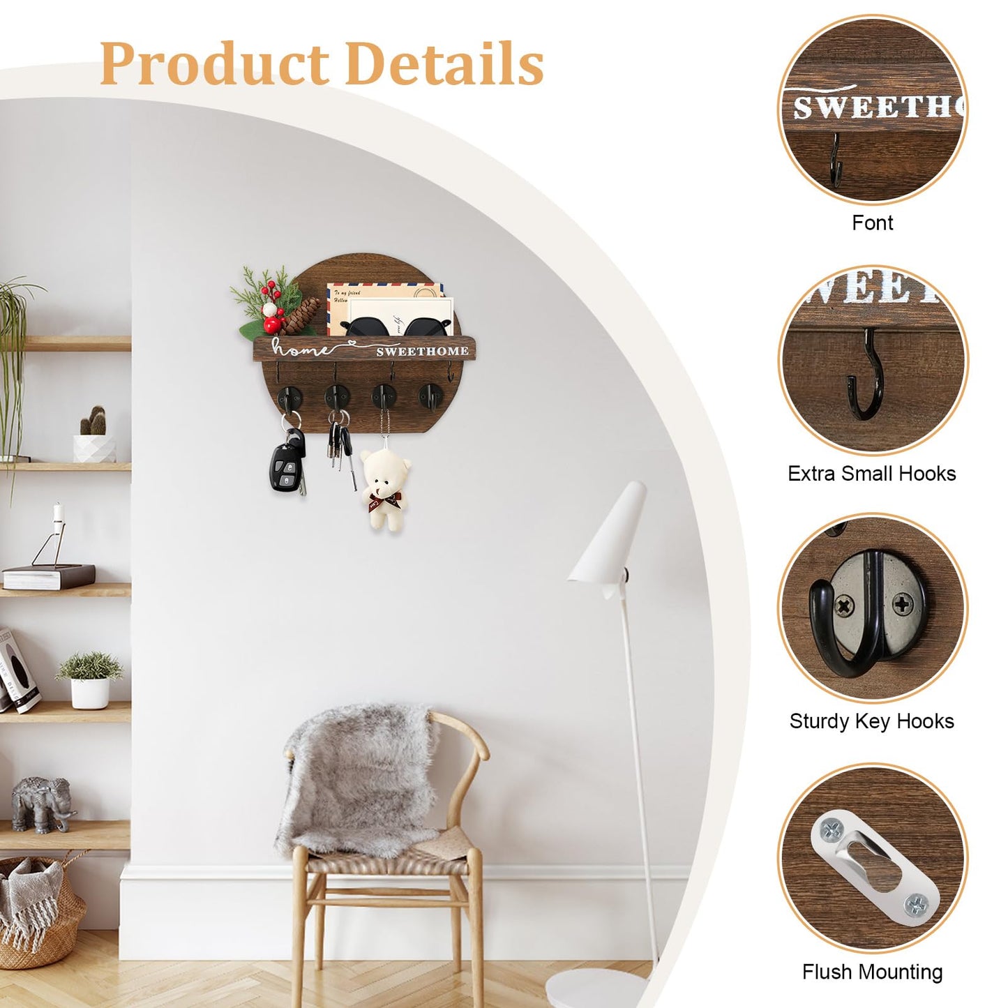 LEIRUOTM Key Holder for Wall, Key and Mail Holder Organizer - Key Holder Wall Mount with Bouquet Shelf and Key Hooks, Round Wooden Rustic Key Rack for Entryway and Home Decor (Brown)