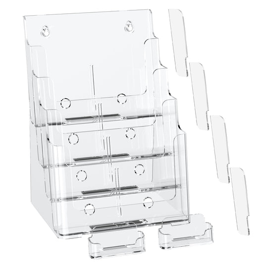 zavekia 4 Tier Acrylic Brochure Holder 8.5 x 11 inch, Clear Literature Organizer Magazine Stand with 4 Pack Separate Removable Divider for 4 x 9 inch Brochures,Magazine Holder,Flyer Holder