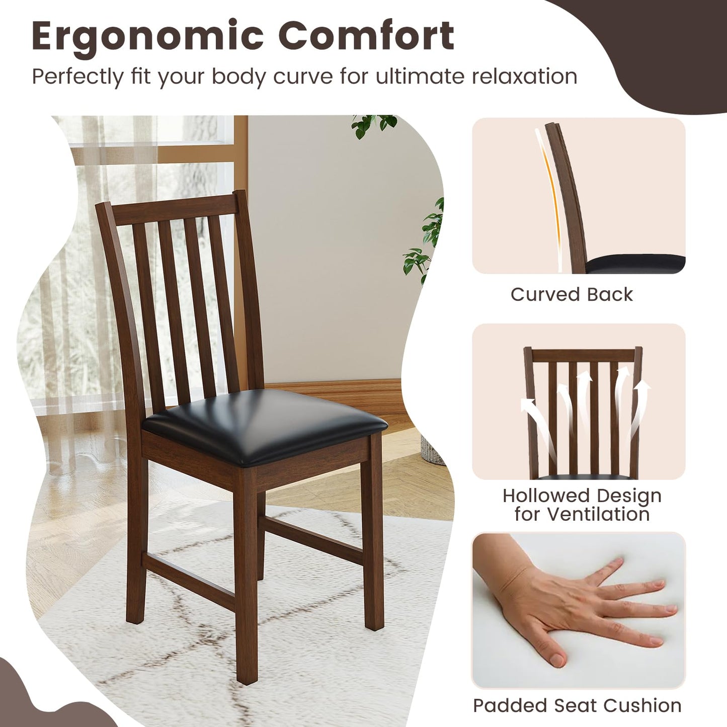 Giantex Wooden Dining Chairs Set of 2, Faux Leather Upholstered Kitchen Chair w/Rubber Wood Legs, Curved Back, Padded Seat, Mid Century Modern Armless Accent Side Chairs for Living Room, Brown
