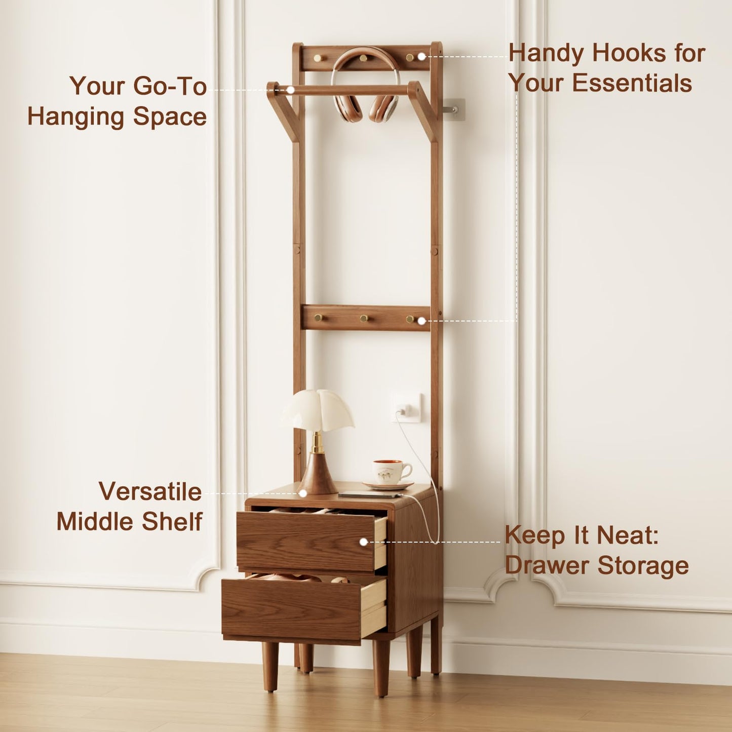 Solid Wood Coat Rack Freestanding,Standing Coat Rack with 2 drawers,Clothing Racks for Hanging Clothes,Narrow Hall Tree with Storage,Walnut Nightstand with 6 Coat Hooks for Bedroom Entryway Corner