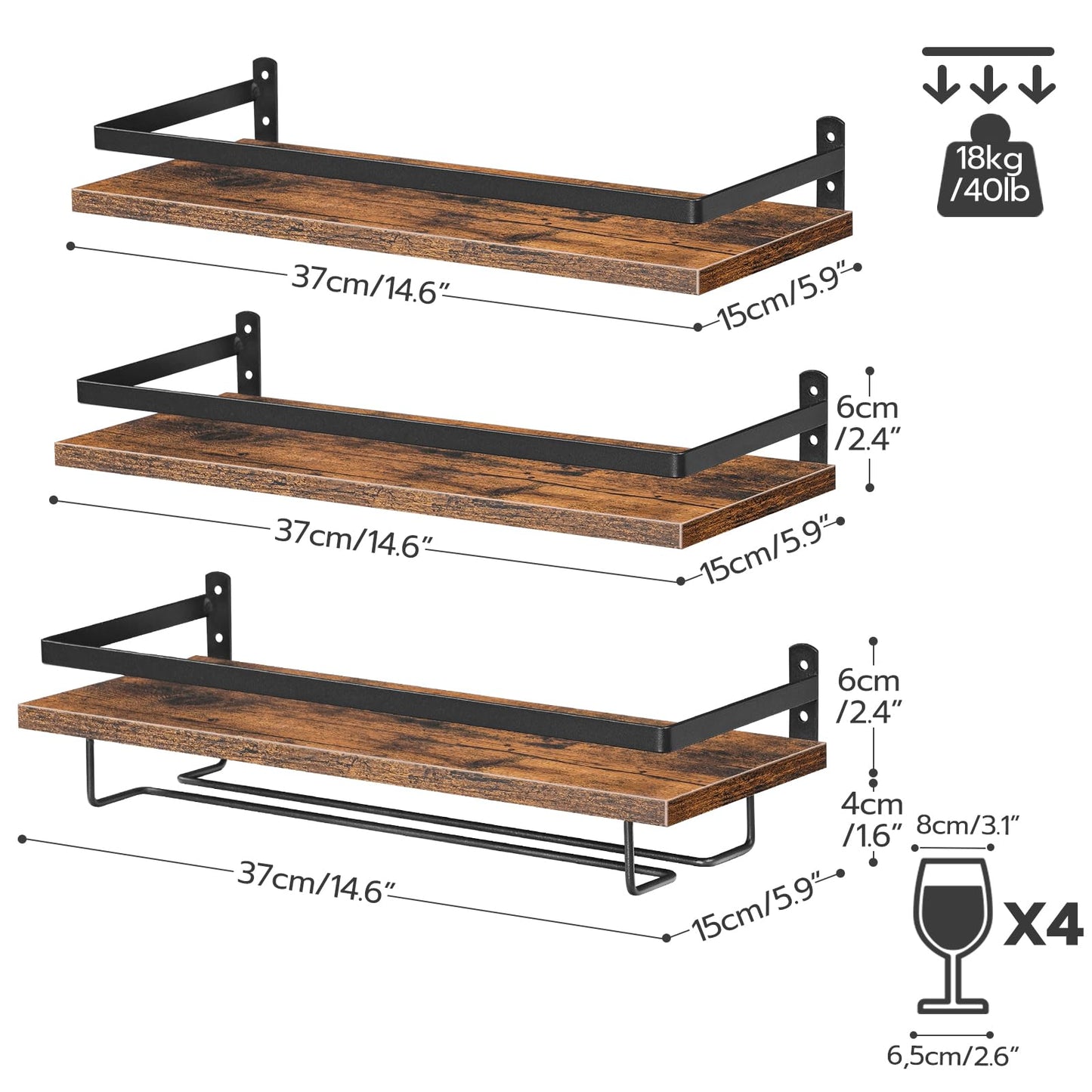 HOOBRO Wall Mounted Wine Rack 3 Pack, Wine Rack with Glass Bottle Holder, Hanging Wine Shelves with Stemware Hanger, Wine Display Storage Rack for Home Bar, Kitchen, Dining Room, Rustic Brown BF34BJ01