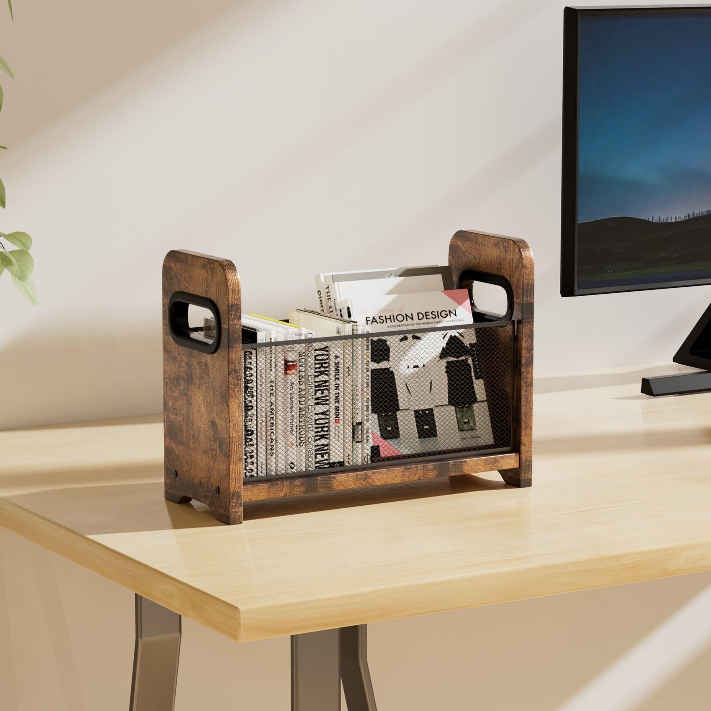 ASIFMTHOT Wood Magazine Holder & Rack - Retro Brown Mesh Storage Basket for Books, Newspapers, Files - Desk/Floor Organizer
