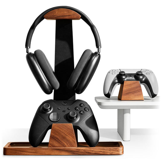 UPERGO Headset Stand with 2 Controller Holders - Solid Wood & Metal Gaming Headphone Holder for Switch, Controllers, and Desk Accessories (Wood)
