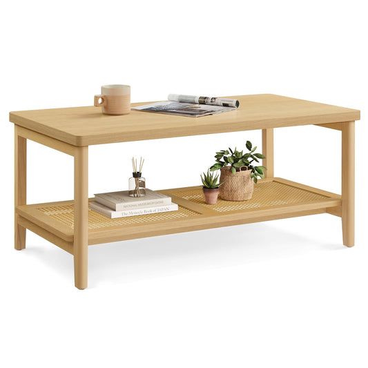 VASAGLE 2-Tier Coffee Table for Living Room, Rectangular Living Room Table, with PVC Rattan Storage Shelf, Rounded Corners, Easy Assembly, Boho Style, 21.7 x 39.4 x 17.7 Inches, Oak Beige ULCT240Y57