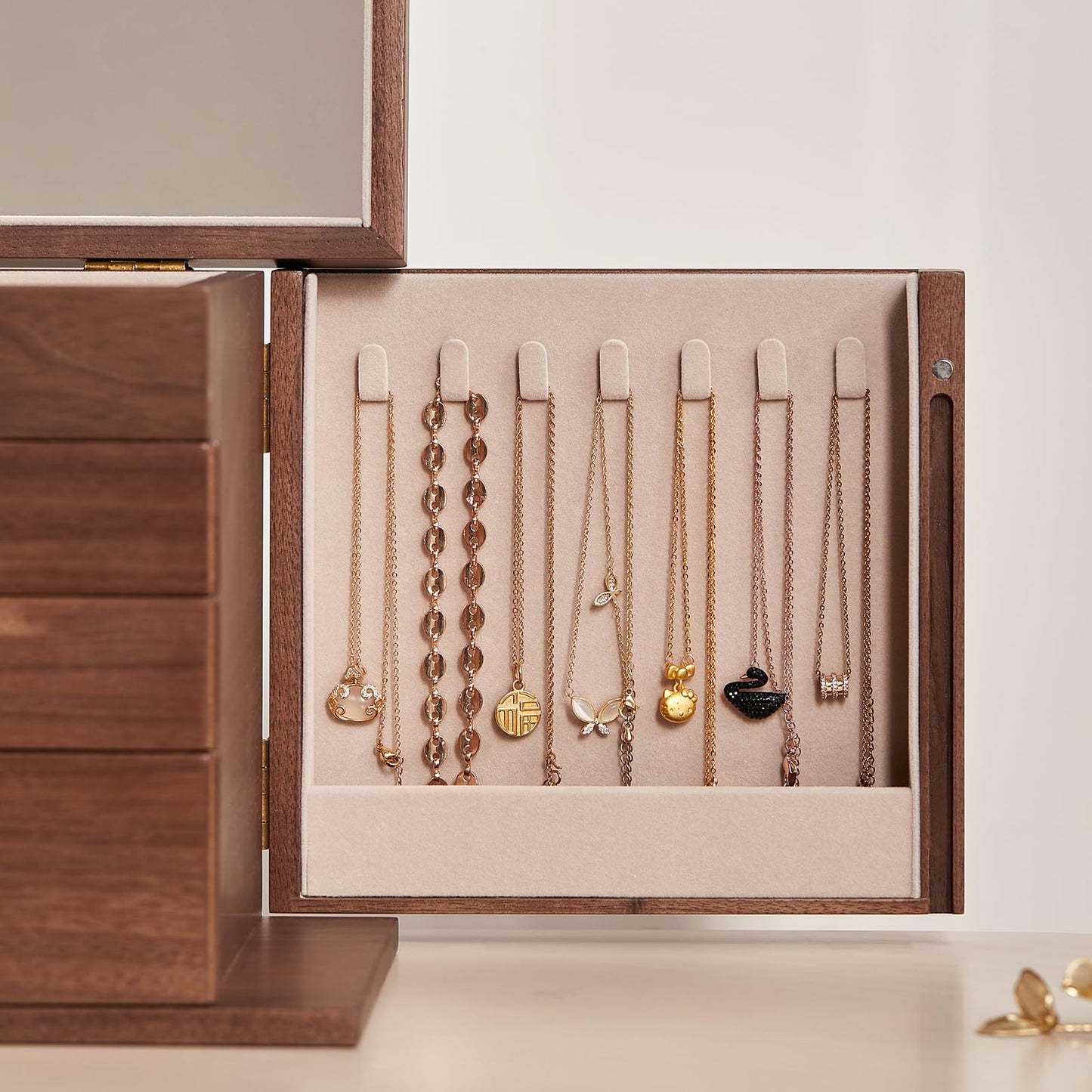Homruilink Black Walnut Wooden Jewelry Box, Wood Jewelry Organizer with 2 Side Doors Mirror Lockable Classical Style for Watch Necklace Ring Earring Storage, Fathers Day Gift-4 Layer