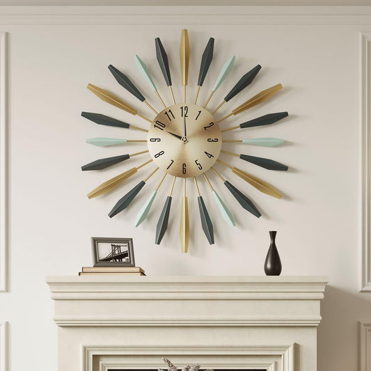 Cuspin Mid Century Modern Wall Clock, Large Colorful Starburst 28 Inch Wall Clock Battery Operated, Metal Decorative Sunburst Clocks for Living Room Kitchen Bedroom Office Decor