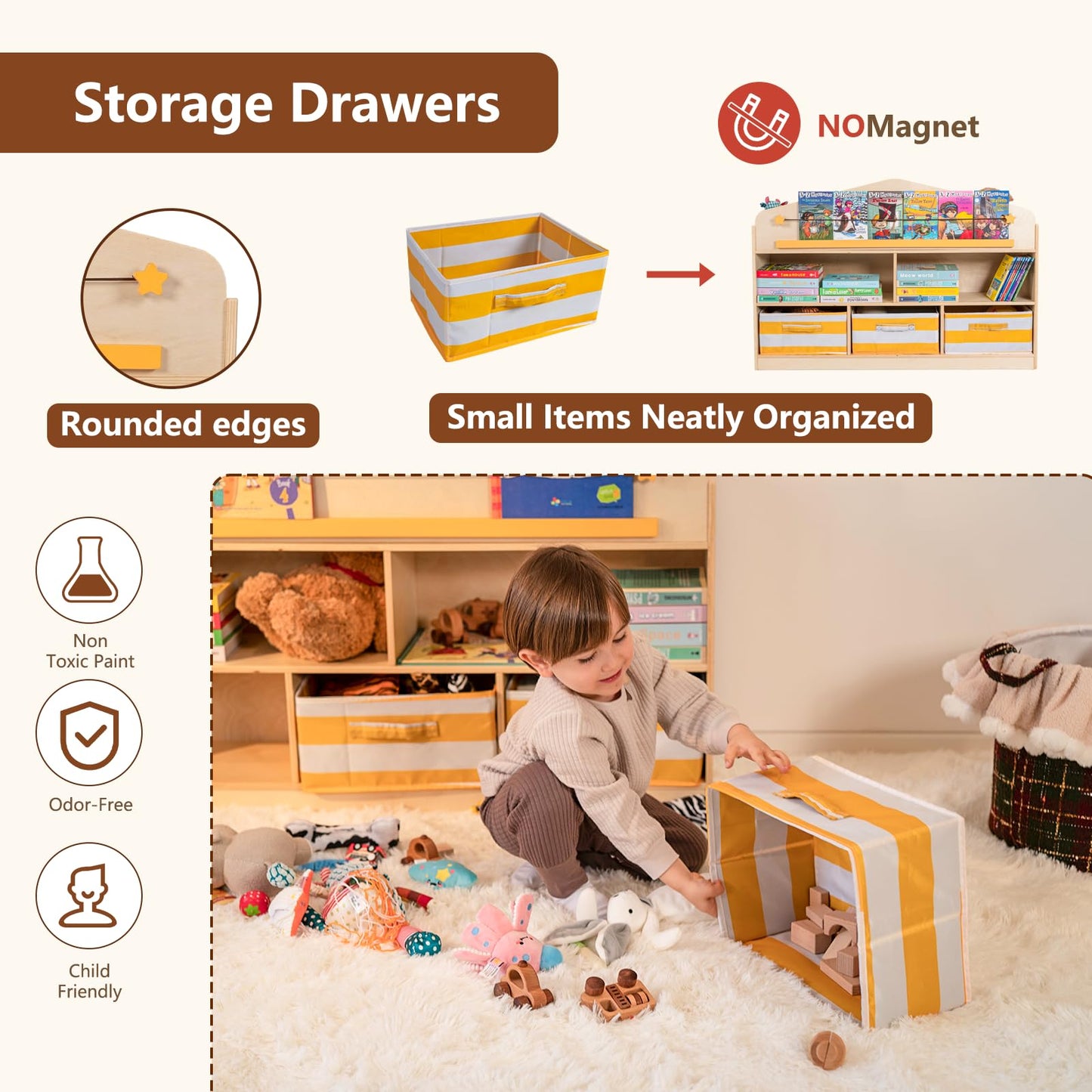 Zoolino Kids Toy Storage Organizer with Bookshelf, Wooden Montessori Playroom Furniture with 3 Removable Bins & Anti-Tip Kit, Toddler Storage Cabinet for Rooms, Playroom, Kindergarten, Natural